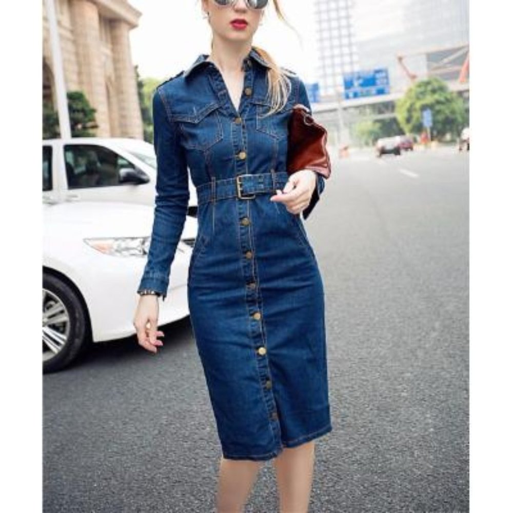 NWT Vicky and Lucas Blue Pocket Belted Denim Sheath Dress